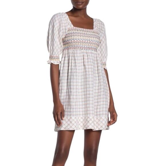 Faherty 100% Linen Lola Windowpane Smocked Puff Sleeve Mini Dress - Picture 2 of 9